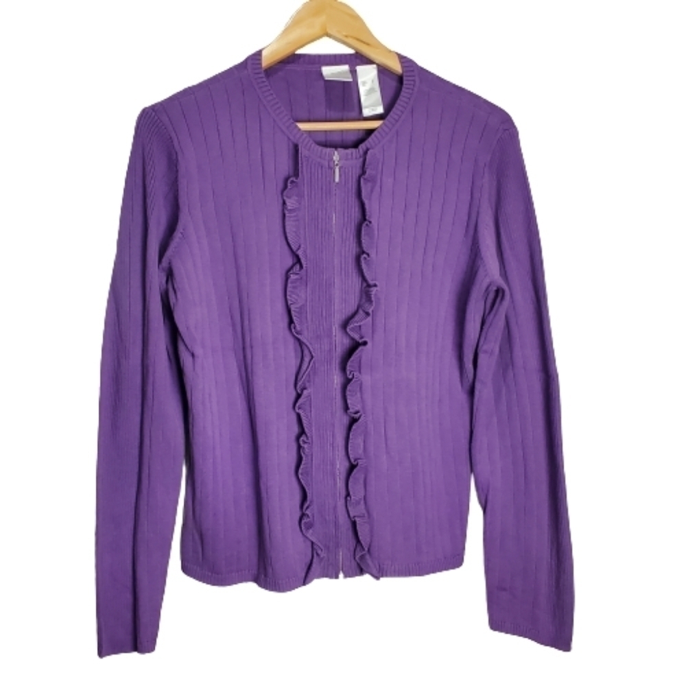 Y2K Emma James Purple Cotton Knit Ruffle Trim Zip Cardigan Size Large